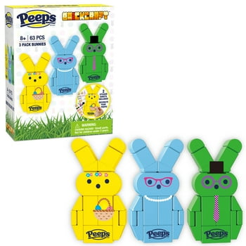 Brickcraft Peeps 3 Pack Bunnies - Blue, Green, Yellow Brick Building Kit (63-Plastic Piece Set), Three Cute Easter Bunnies and Handle, Easter Decoration, Colorful Spring Gift Decorations for Kids