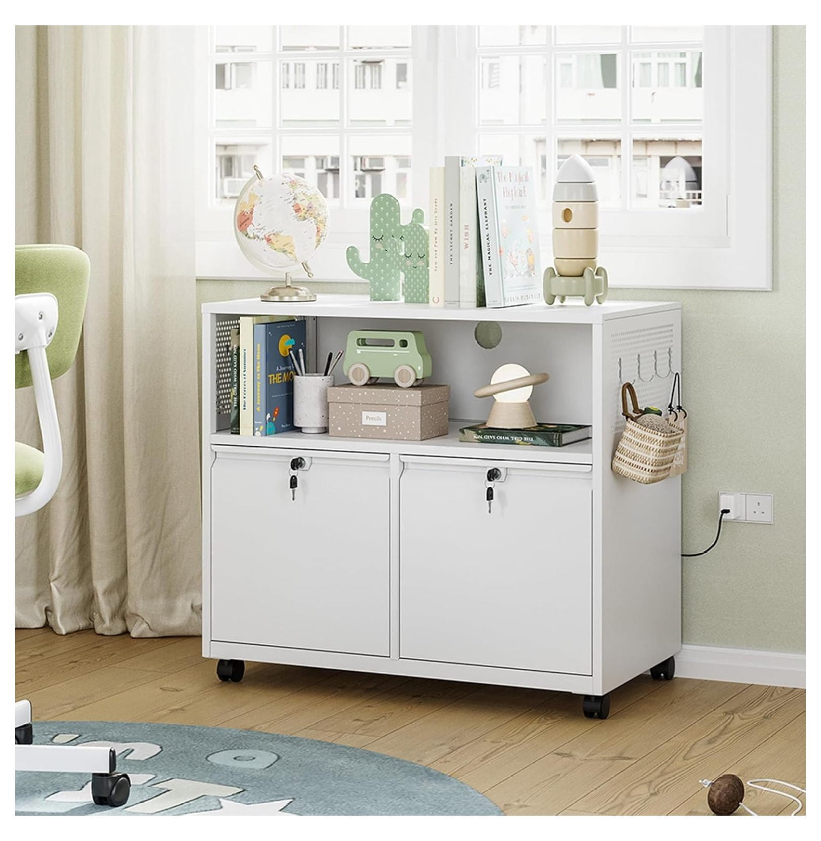 WDZS Mobile 2 Drawer File Cabinet with Lock, Metal Lateral Printer Stand Filing Storage Cabinets with Shelves for Home Office-A4/F4/Letter (White)