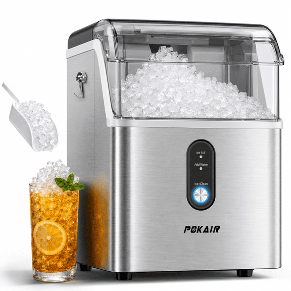 POKAIR Nugget Ice Maker Countertop, Sonic-Style Chewable Pebble Ice in 9 Min, 33 lbs/Day, Self-Cleaning, One-key Control, ETL, Brushed Stainless Steel