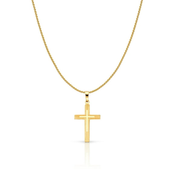 14K Yellow Solid Gold Cross Charm Pendant with 0.9mm Wheat Chain Necklace - 20"