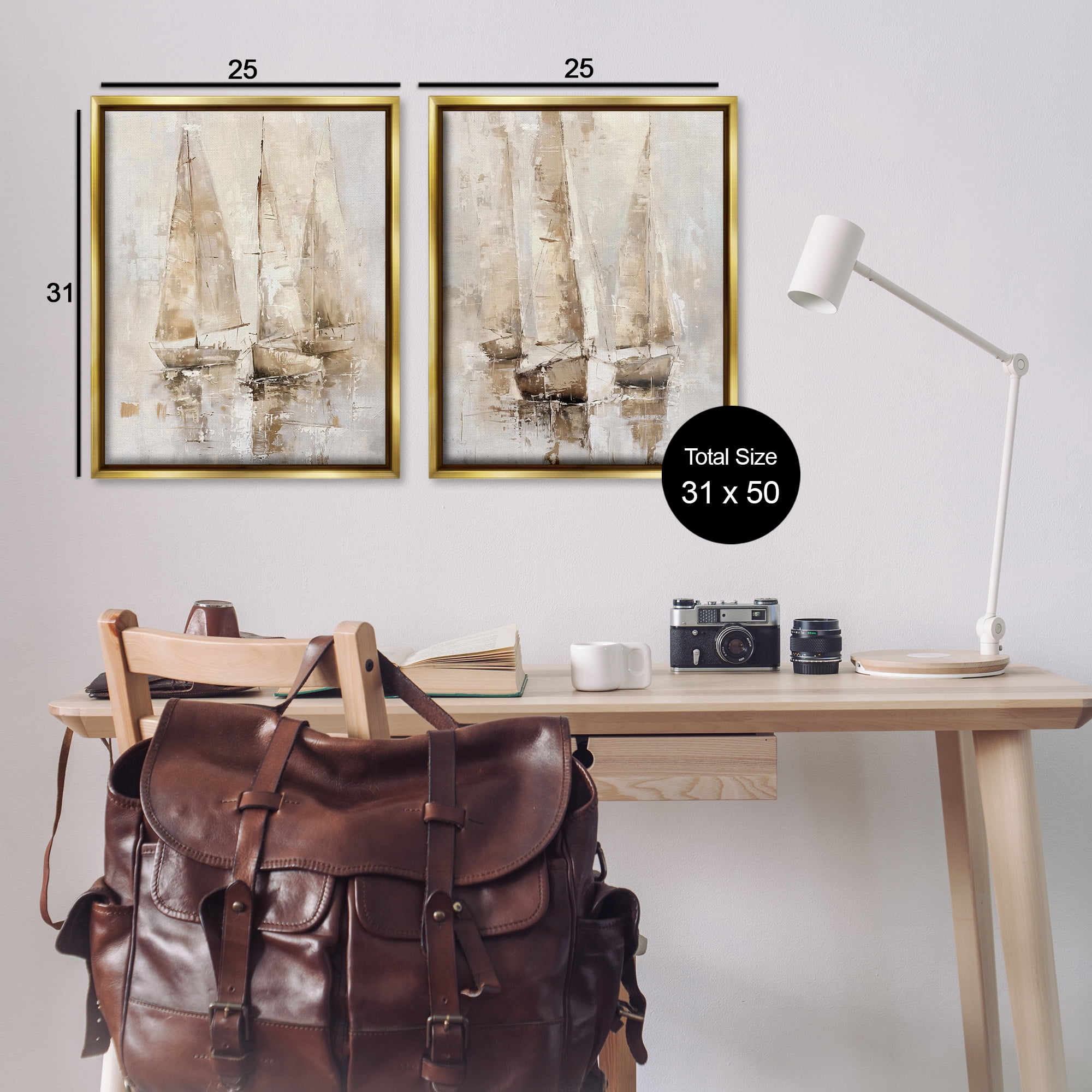 Stupell Industries Neutral Toned Sailboats Nautical & Beach Painting Gold Floater Framed Canvas Art Print Wall Art, 31 x 25, Set of 2