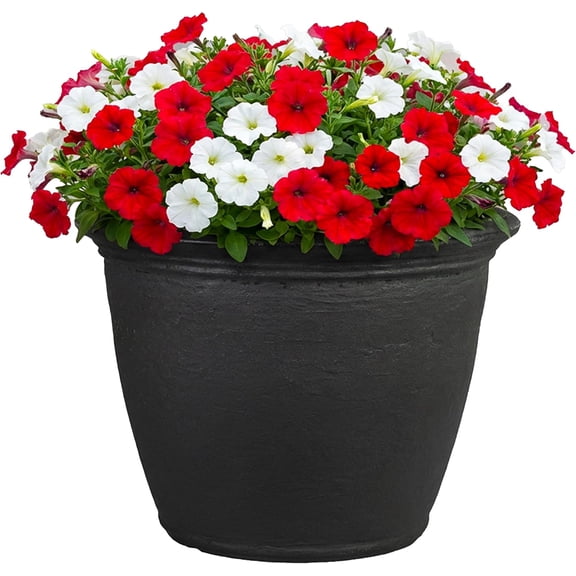24-Inch Anjelica Large Plastic Pot for Plants - Outdoor Double-Walled Large Plastic Planter with Drillable Drainage Holes - Matte Black