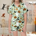 thumbnail image 2 of MEZZALL Kids Halloween Pumpkin Pattern PJs Set Lapel Collar Short Sleeve Shirt Tops Elastic Waist Shorts Girls Nightwear Holiday Pajamas Sets, 2 of 6