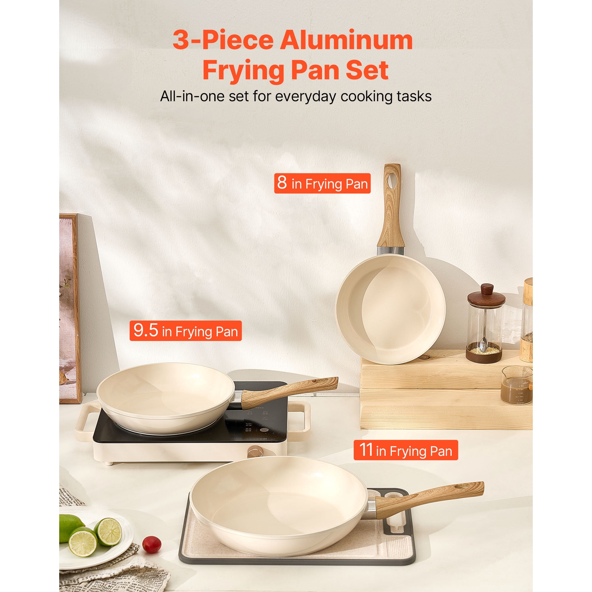 KFFKFF Aluminum Frying Pan Set, Nonstick Ceramic Skillets, 3 Sizes (8, 9.5, 11 in), Durable Cookware with Heat-Resistant Handles, Compatible with Gas, Electric, and Induction Stoves, Beige