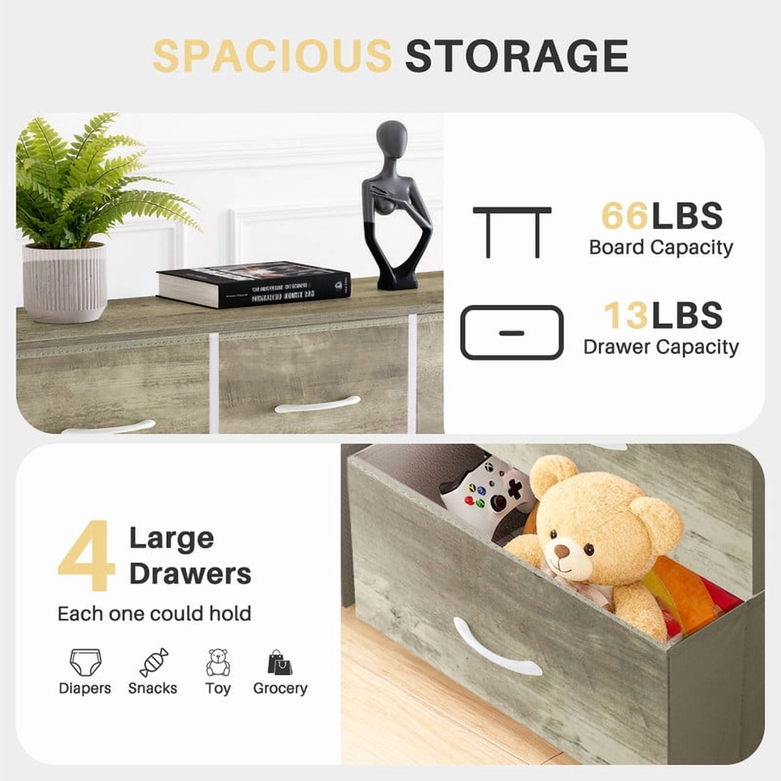 Simenmax 4 Dresser, Storage Drawers with Removable Fabric Bins, Fabric Closet Chests Organizer for Bedroom, Closet, Living Room, Oak Greige