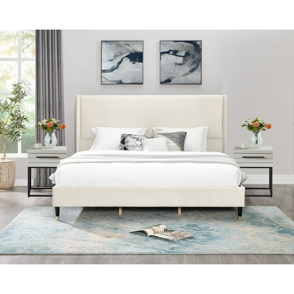 Roundhill Furniture Arles 3-Piece Upholstered Bedroom Set, Wingback Platform Bed with Two Nightstands, Beige Velvet, King