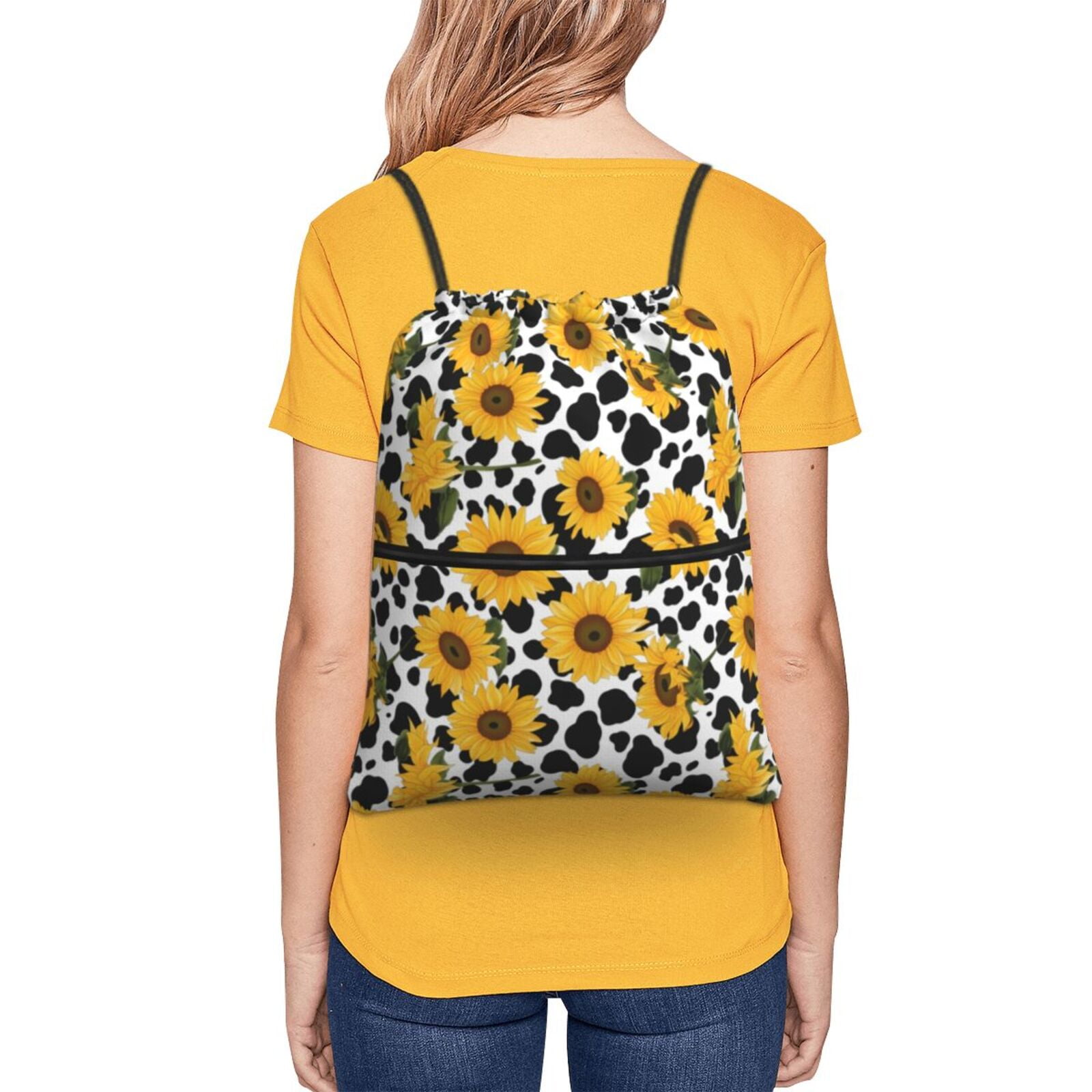 Vsdgher Cow Print Sunflower Drawstring Backpack Water Resistant String Bag Sports Sackpack Gym Sack for Men Women