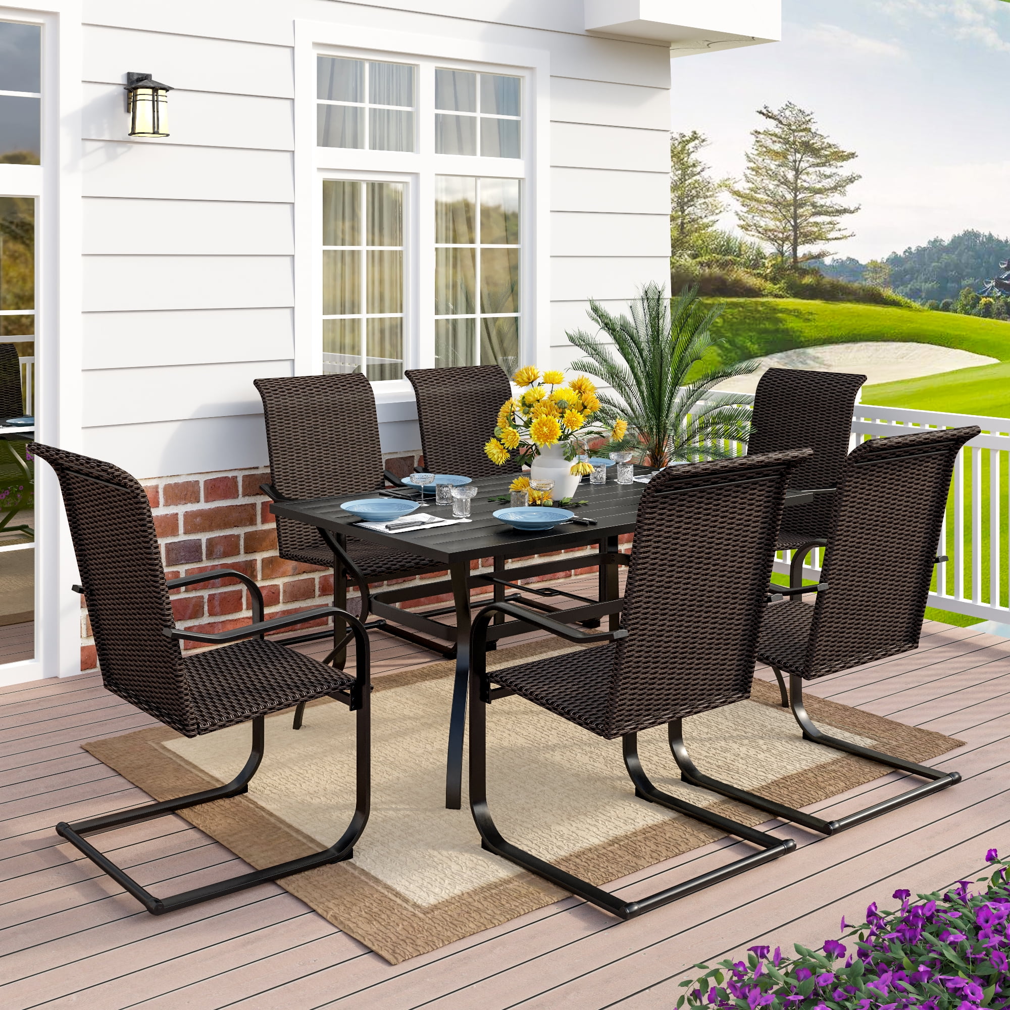 6 Spring Motion Chairs with Cushion Beige 1 Rectangular Expandable Table MFSTUDIO 7PCS Outdoor Patio Dining Set Porch Lawn Backyard Garden Furniture Sets 