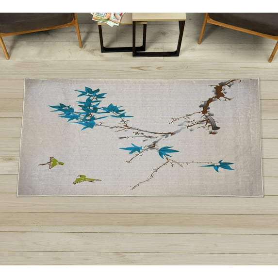 Japanese Decorative Rug, Cherry Blossom Sakura Tree Branches Romantic Spring Themed Watercolor Picture, Quality Carpet for Bedroom Dorm and Living Room, 6 Sizes, Azure Blue, by Ambesonne
