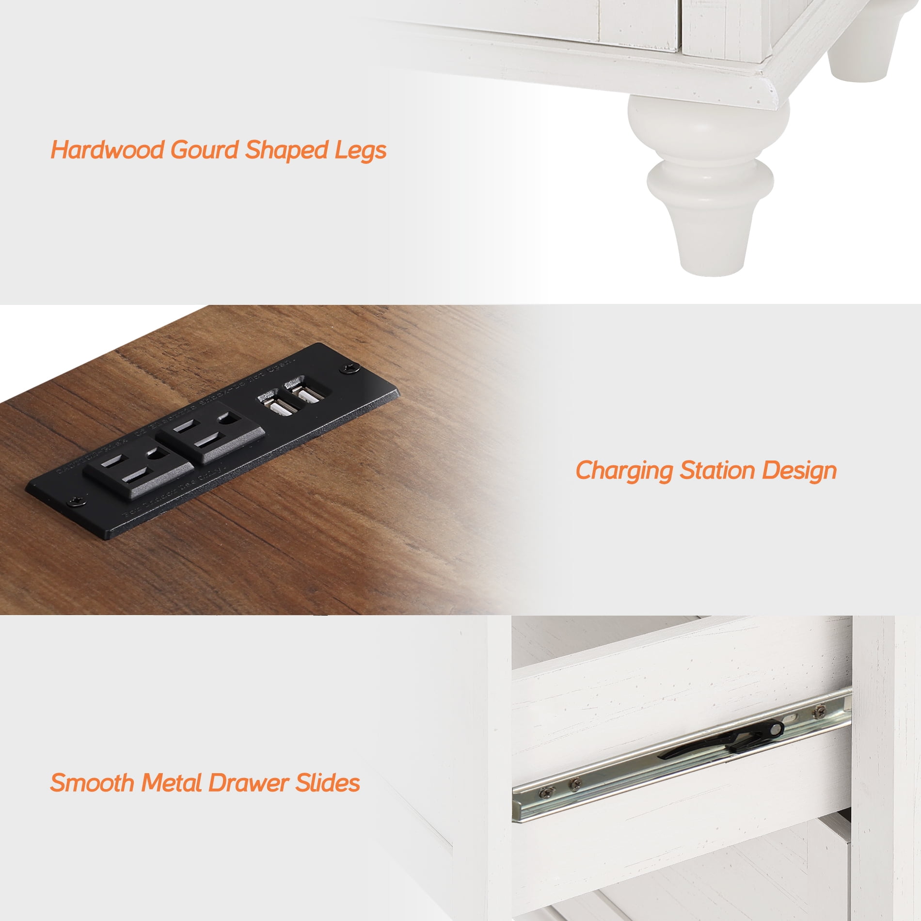 White End Tables with Charging Station, Farmhouse Side Tables with Drawer and cabinet, Wooden Nightstands Featuring Power Outlets for Living Room and Bedroom(Set of 2 )