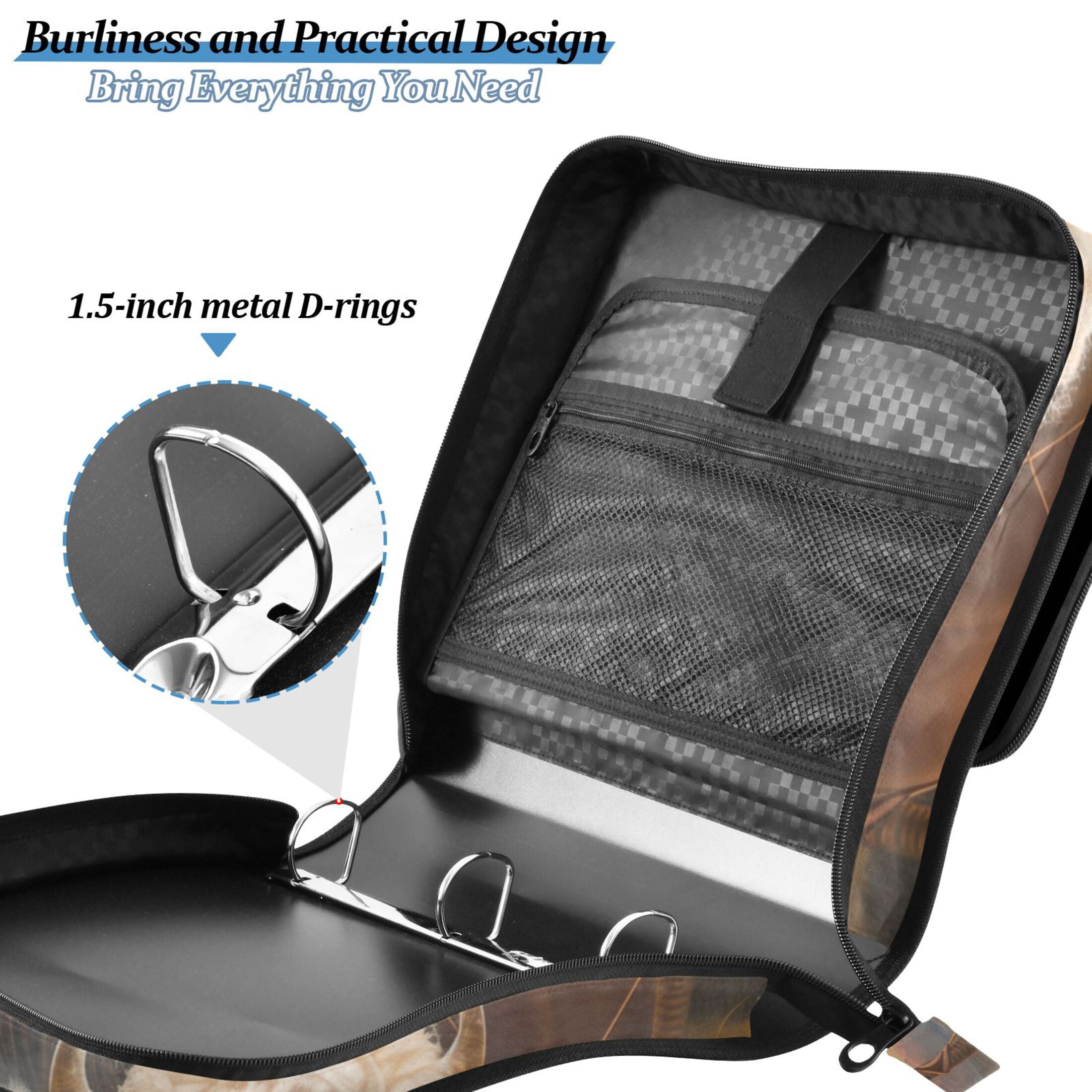 3 Ring Zipper Binder with Shoulder Strap Waterproof Trapper Keeper 2 Inch D-Ring 500 Sheets Capacity Cattle with Feathers