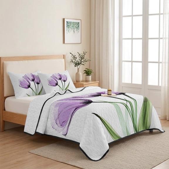 Purple Tulip Queen Size Quilt Set Lightweight Bedspread Coverlet Set, Flower Farmhouse Quilted Bedding Cover with 2 Pillow Shams for All Season Layering 90"x96"