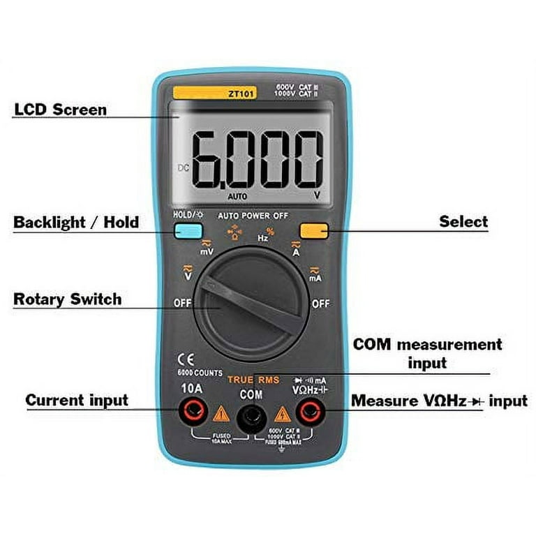 Auto-Ranging True RMS Digital Multimeter 6000 Counts & Backlit LCD Display,  Measures AC/DC Voltage & Current, Resistance, Capacitance, Frequency, Duty 