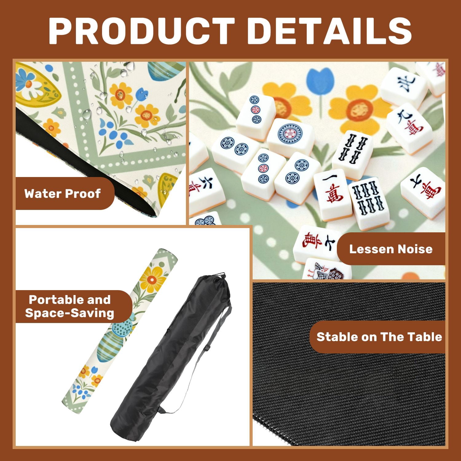 Mahjong Mat 31.5" x 31.5" Colorful Floral Bee Yellow Blue Orange Flowers Folk Art Style Non-Slip Noise Reduction American Mahjong Tiles Table Cover for Dominoes Poker Card Board Games Gift