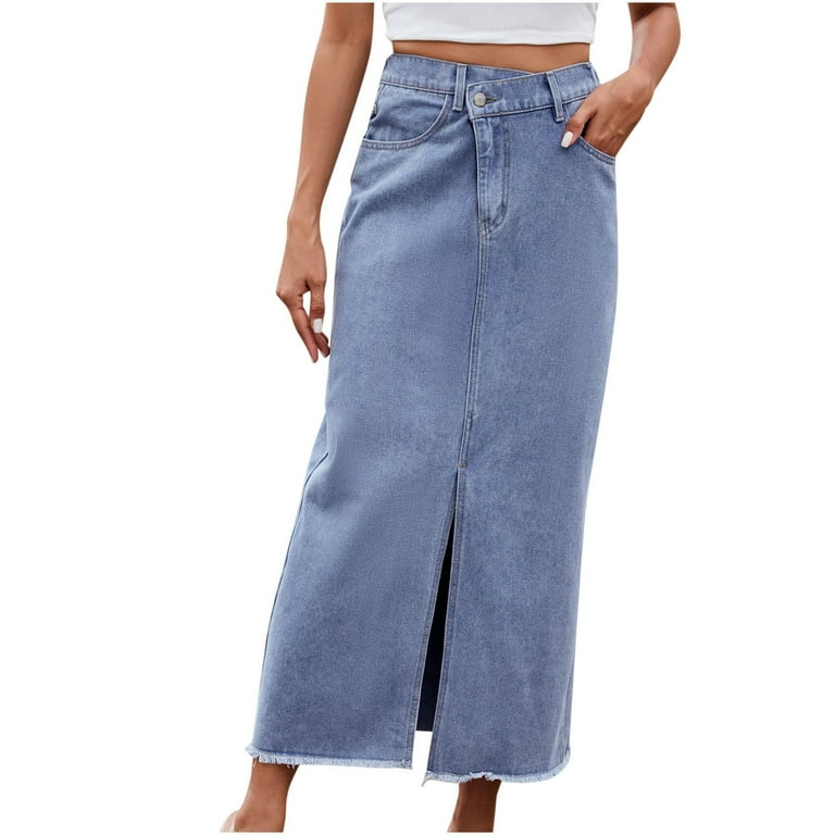 Delliss Women's Front Cross Criss Frayed Hem Denim Skirt Split