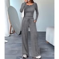 thumbnail image 4 of Women'S 2 Piece Matching Lounge Sets Fall Fashion Outfits Henley Neck Sweater Top Wide Leg Pants Sweat Suits Dark Gray M, 4 of 9