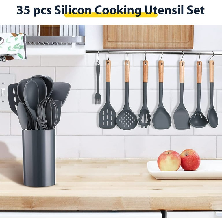 Kitchen Utensils Set, 26 Pcs Non-Stick Silicone Cooking Utensils Spatula  Set with Holder, Sturdy Woo…See more Kitchen Utensils Set, 26 Pcs Non-Stick