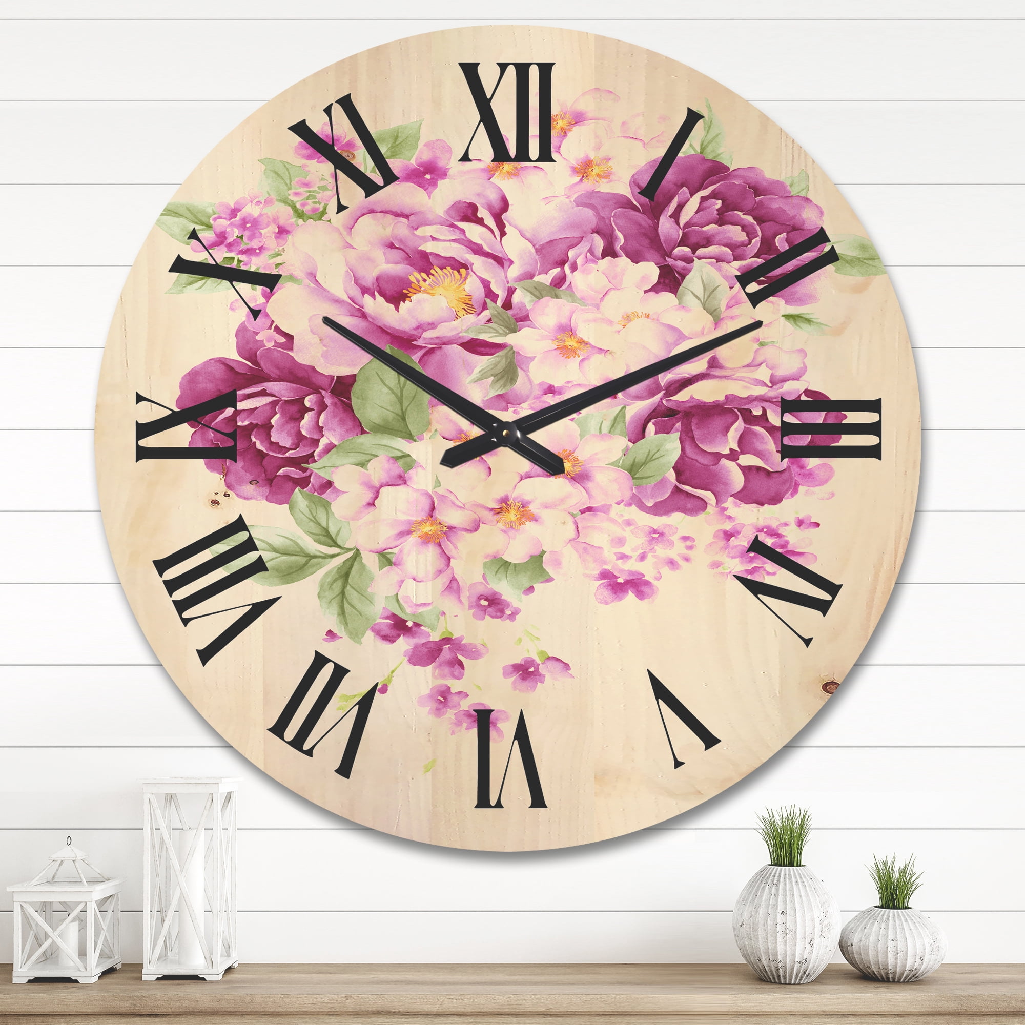 Designart 'Bouquet Of Pink Retro Flowers' Traditional Wood Wall Clock