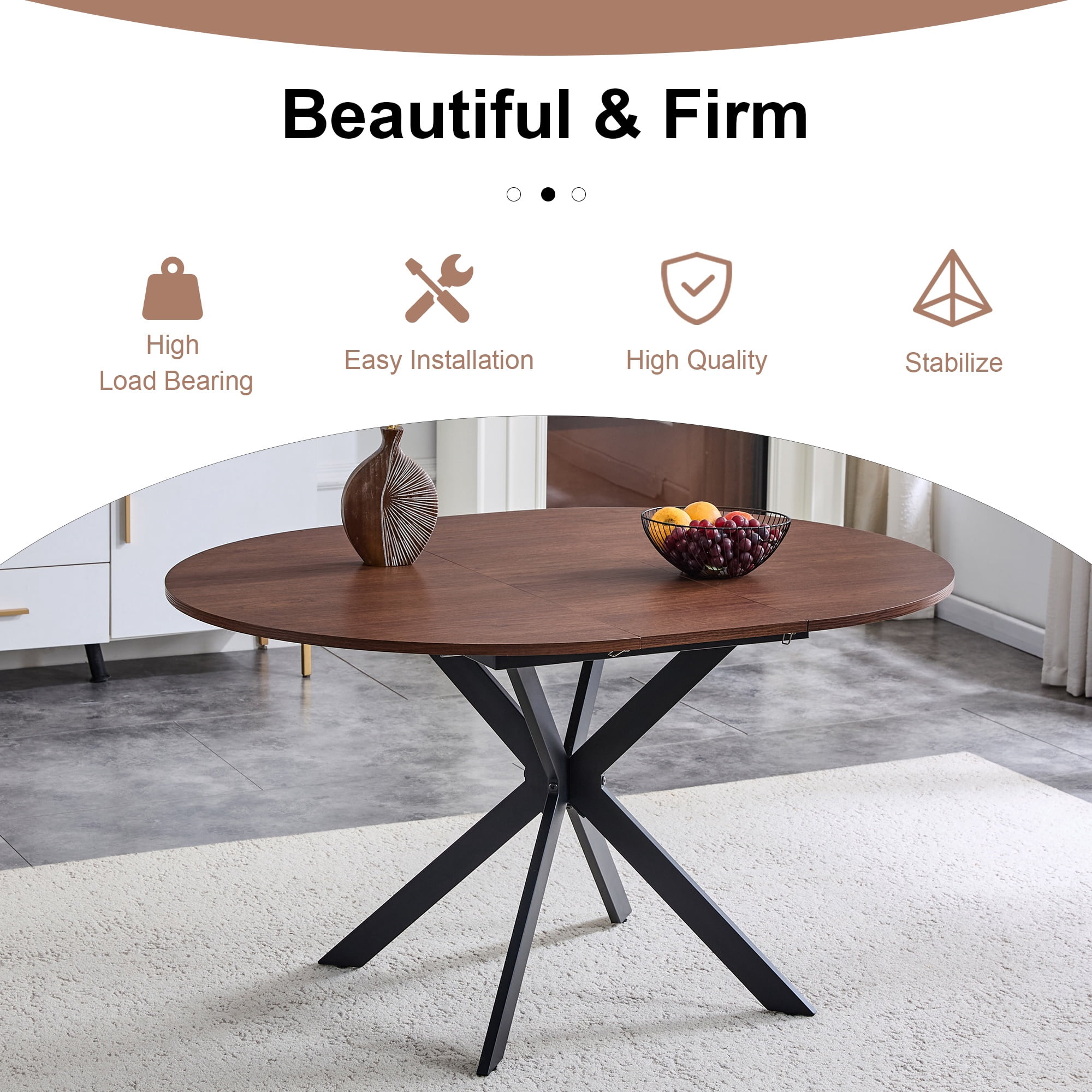 Alvantor 43"-54" Extendable Round Dining Table with Metal Legs, Walnut