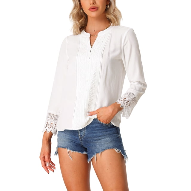 Edición INSPIRE CHIC Blusas de Encaje de Manga Larga con Media Botonera Bohemias para Mujeres