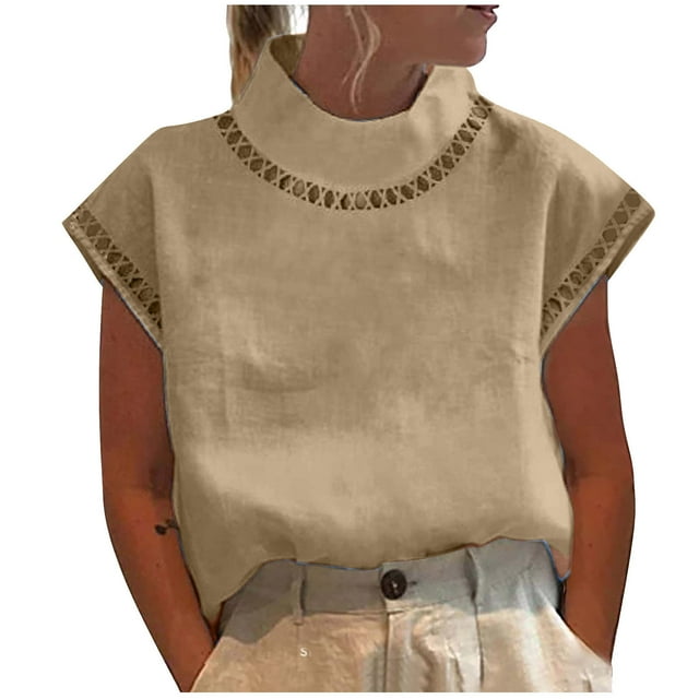 Blouse Femme en Coton et Lin de Travail à Manches Courtes Col Montant Ajourée Hauts Chemise Été Décontractée Confortable T-Shirts Ample Vacances