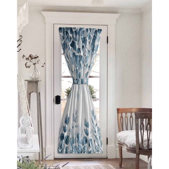 Blue Green Eucalyptus Leaves Blackout Curtains, French Door Curtains for Door Window, Spring Summer Botanical Privacy Drapery for Patio/Sidelight Doors, 1 Panel with Tieback, 54 x 72 Inches