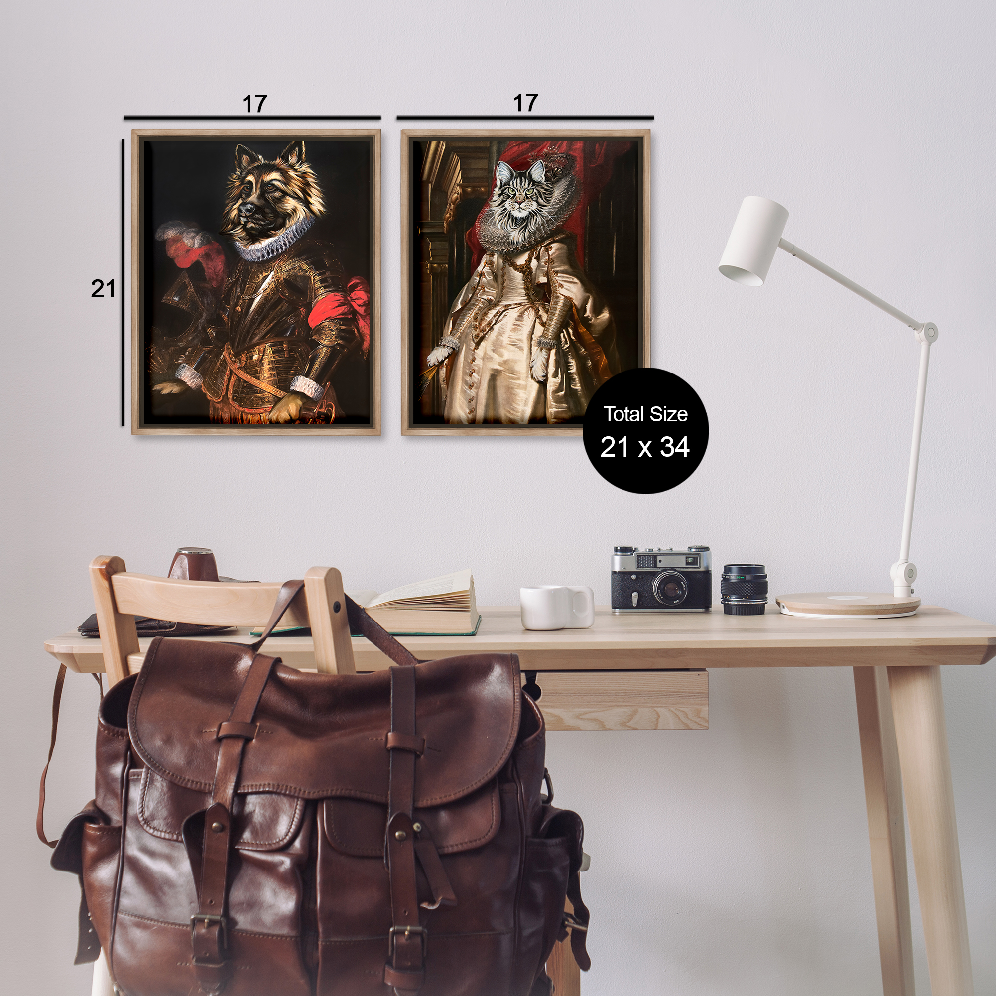 Stupell Industries Royal Garb Dog & Cat Novelty & Humor Painting Brown Floater Framed Canvas Art Print Wall Art, 17 x 21, Set of 2