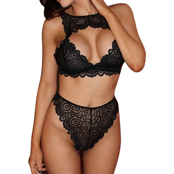 Women's Lace Deep V Underwired Bra and Thong Lingerie Set