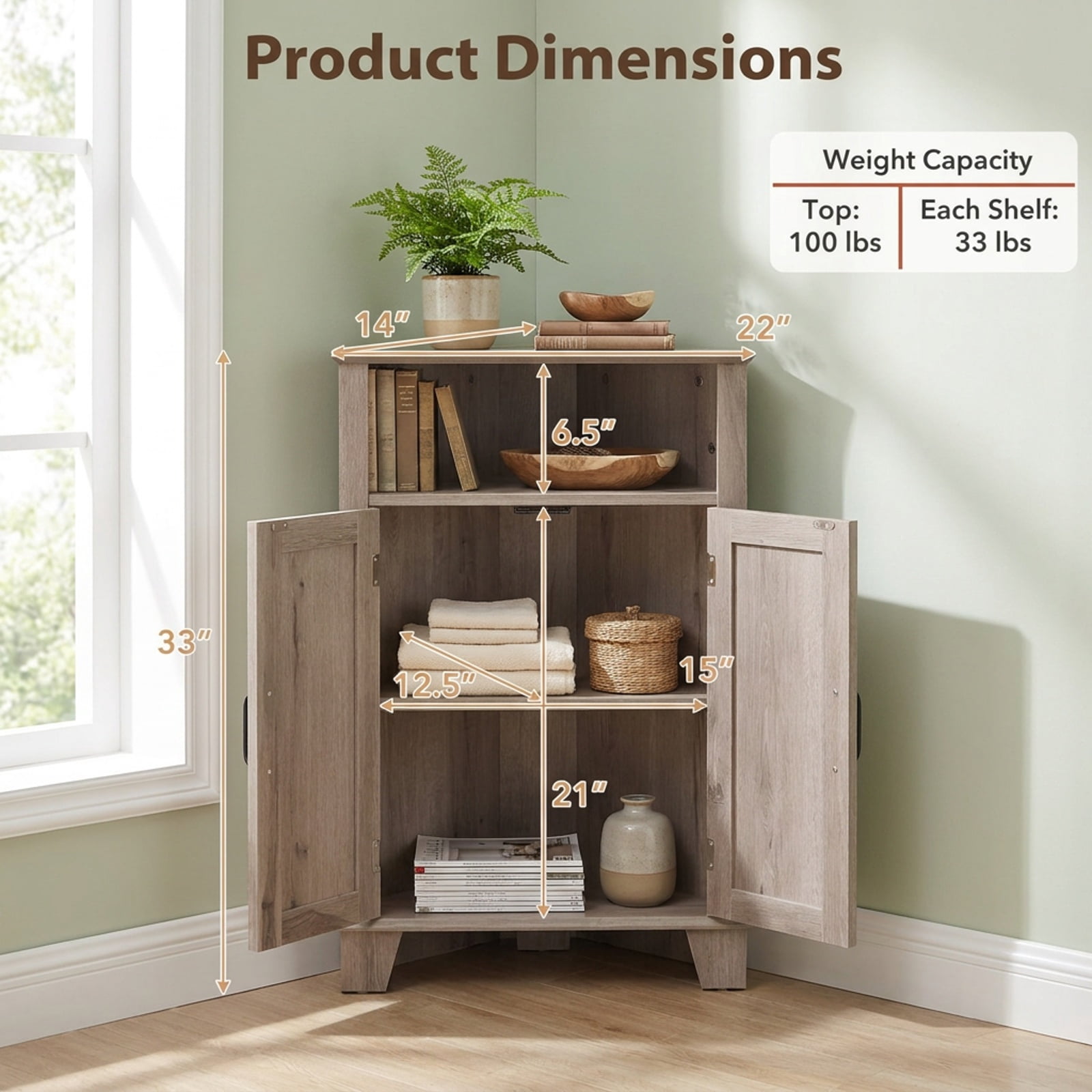 Furnibear 4 Tier Corner Accent Cabinet with Doors Open Shelf and Adjustable Storage for Kitchen Living Room and Entryway, Gray