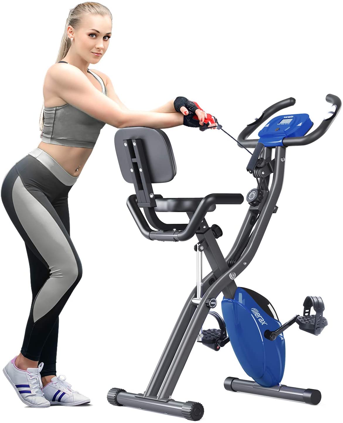 Blue Folding Exercise Bike, Sports Home Fitness Upright Recumbent X-Bike with 10-Level Adjustable Resistance - image 5 of 6