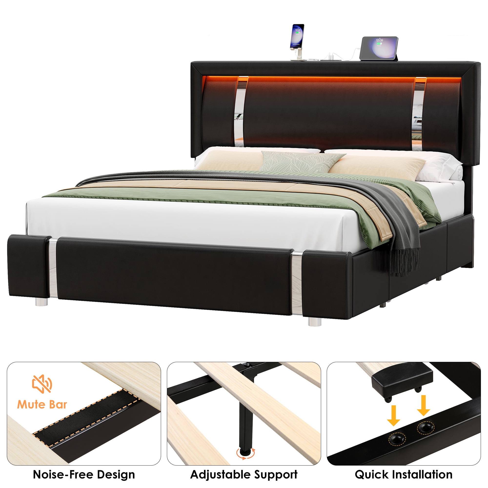 Homfa Full Bed Frame with LED Headboard & Charge Station & 2 Storage Drawers, PU Leather Upholstery Adjustable Platform Bed Frame, Black