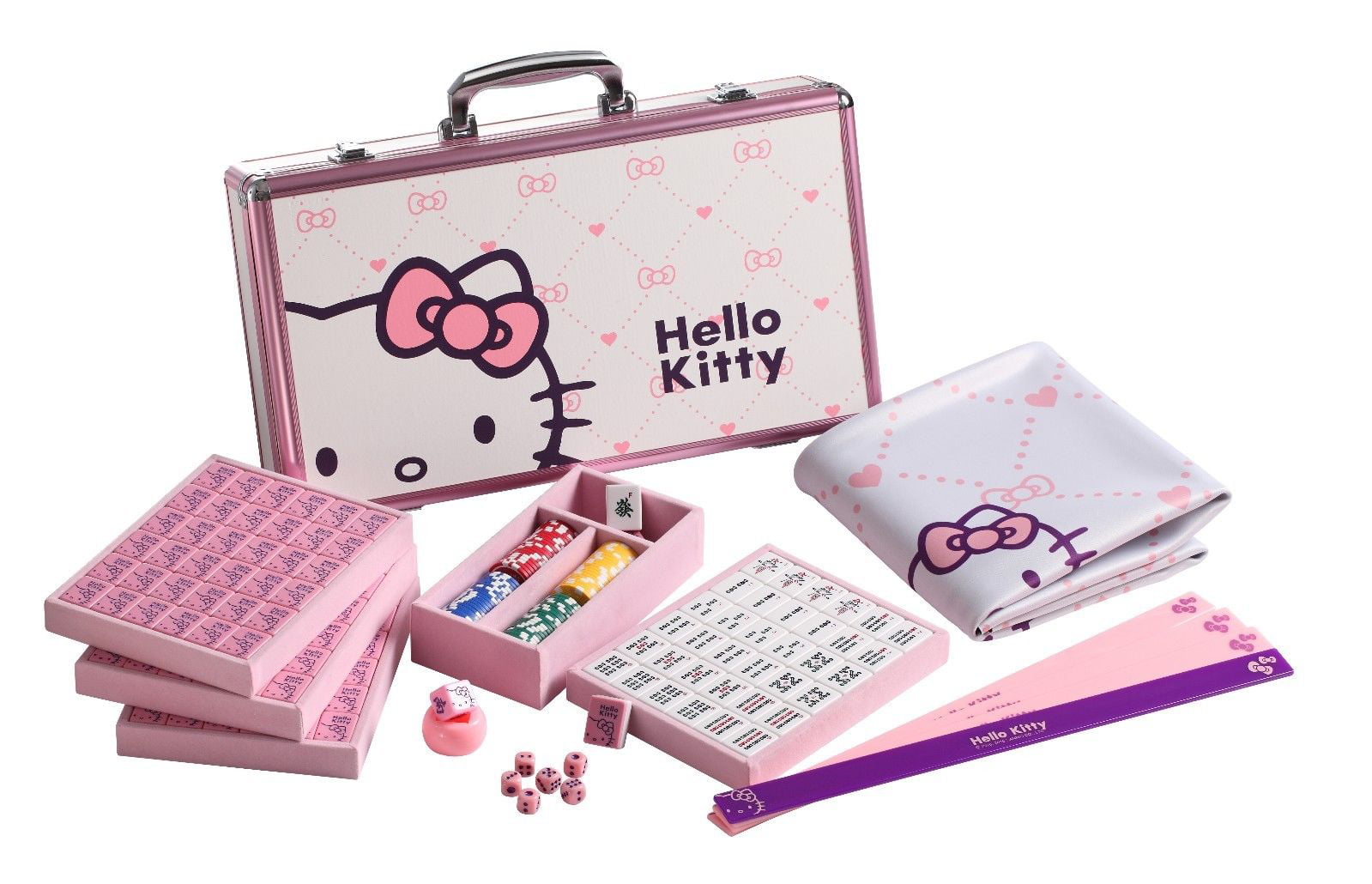 SANRIO ハローキティ Hello Kitty Mahjong 144 Tiles Pink Aluminum Case Complete Set Mat 
