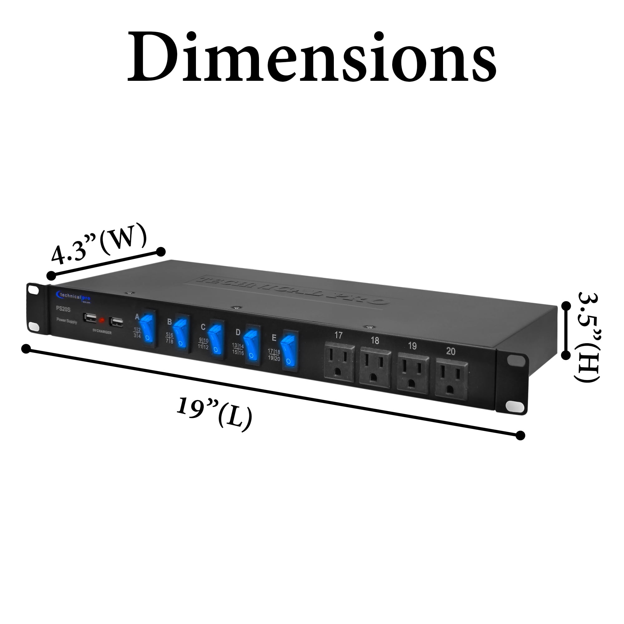 Power Strip Surge Protector, 19-Inch Rack Mount,  20 Outlets – 16 Rear 120V 3-Prong Sockets, 4 Front AC Outlets, 3 USB Ports, 5V Charging, Ideal for Home, Office & Server Rack by Technical Pro