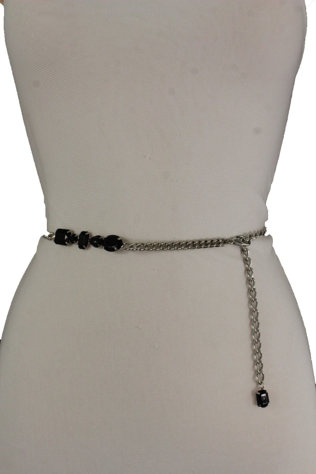 Women Fashion Belt Hip High Waist Silver Metal Chain White Geometric Beads S M L 
