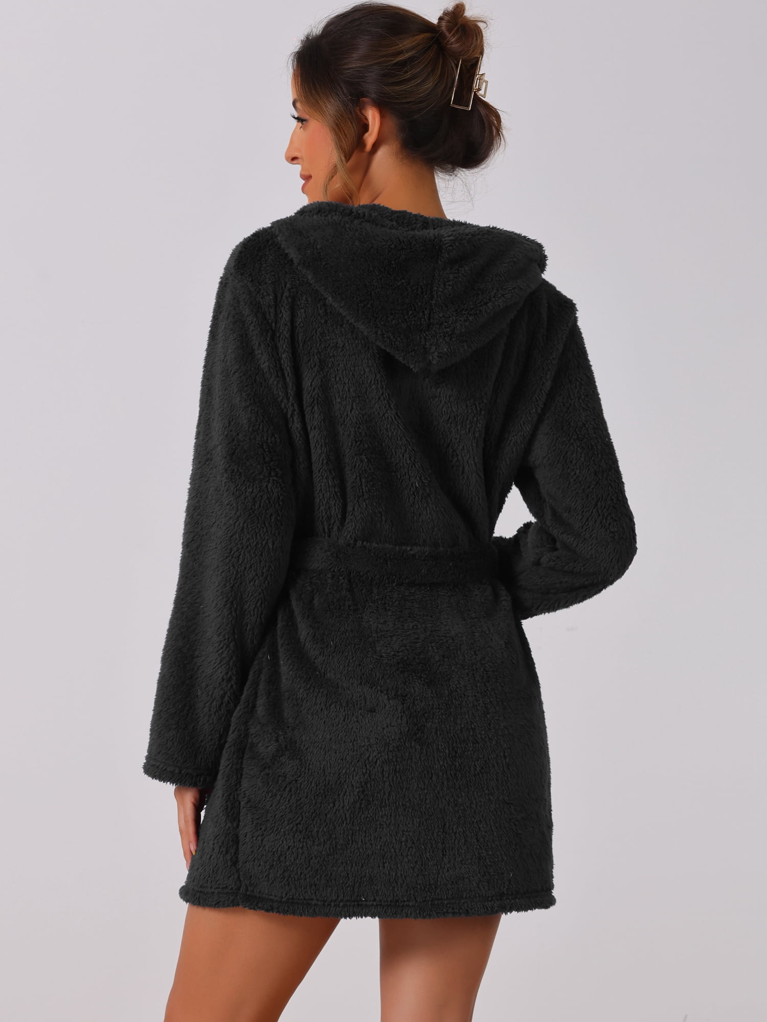DARING DIVA Fuzzy Hooded Plush Bath Robe Mini Bathrobe XS Black