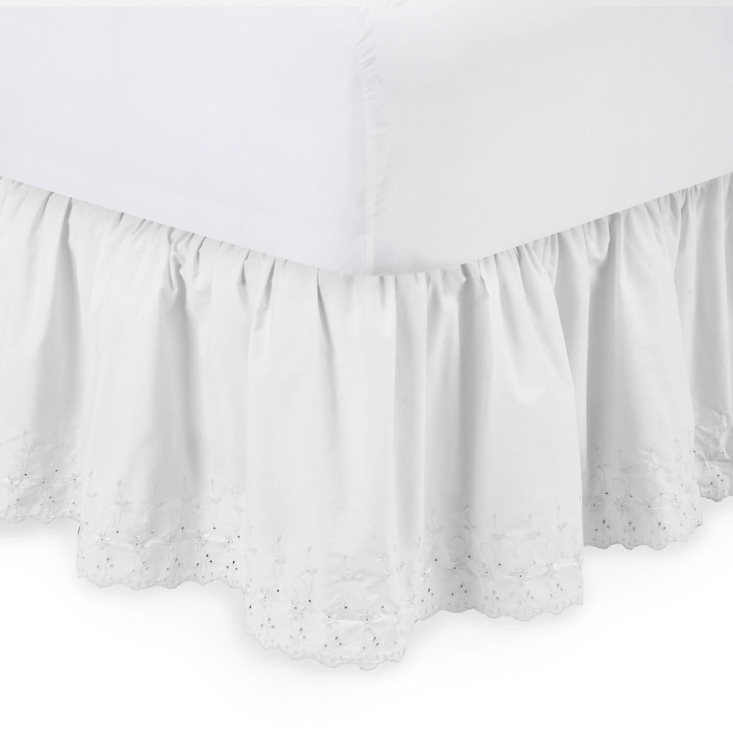 Eyelet Ruffled Bed Skirt 14'' Drop, Twin XL , White Dust Ruffle with