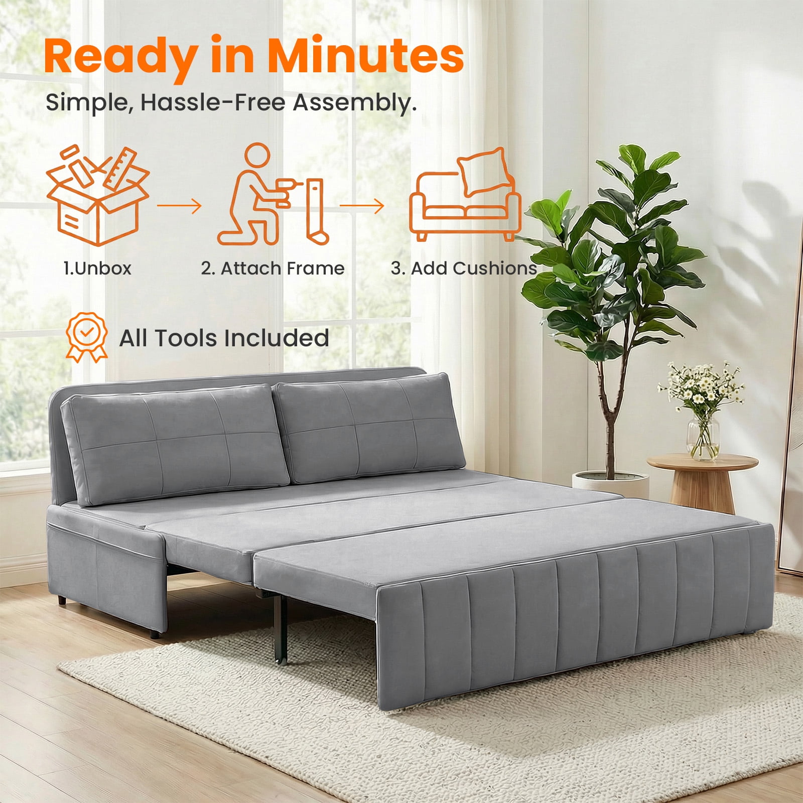 Puremind Queen Size Pull Out Sofa Bed, Convertible Sleeper Sofa with Pull Out Bed, Loveseat Couch Bed with Pillows for Living Room/Apartment, Light Gray