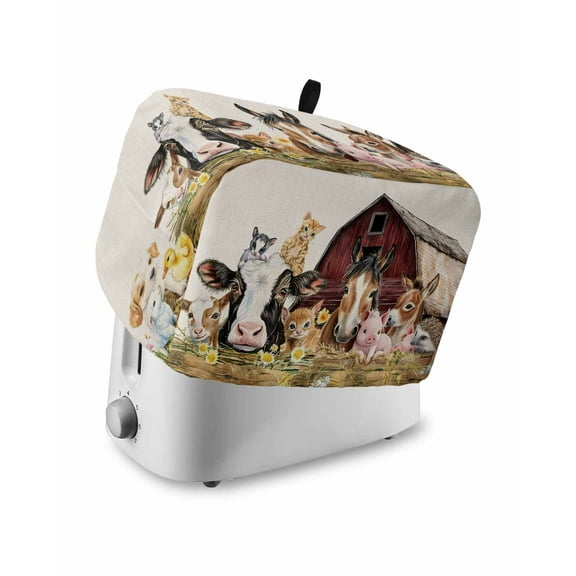 Fsddascl Farm Cow Pig Toaster Cover 4 Slice, Large Kitchen Appliance Covers, Farmhouse Animals Retro Fench Wood Bran Toaster Oven Cover with Loop, Bread Machine Cover Polyester Dust Cover Protection