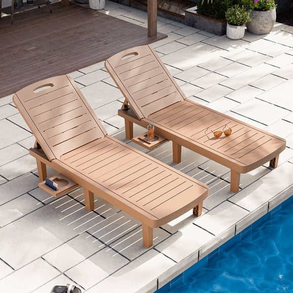 CDCASA Oversized Outdoor Chaise Lounge Chair with 5-Level Adjustable Backrest & Hidden Cup Holder, PP Resin Waterproof Patio Lounge Chairs for Outside(Brown, Set of 2)