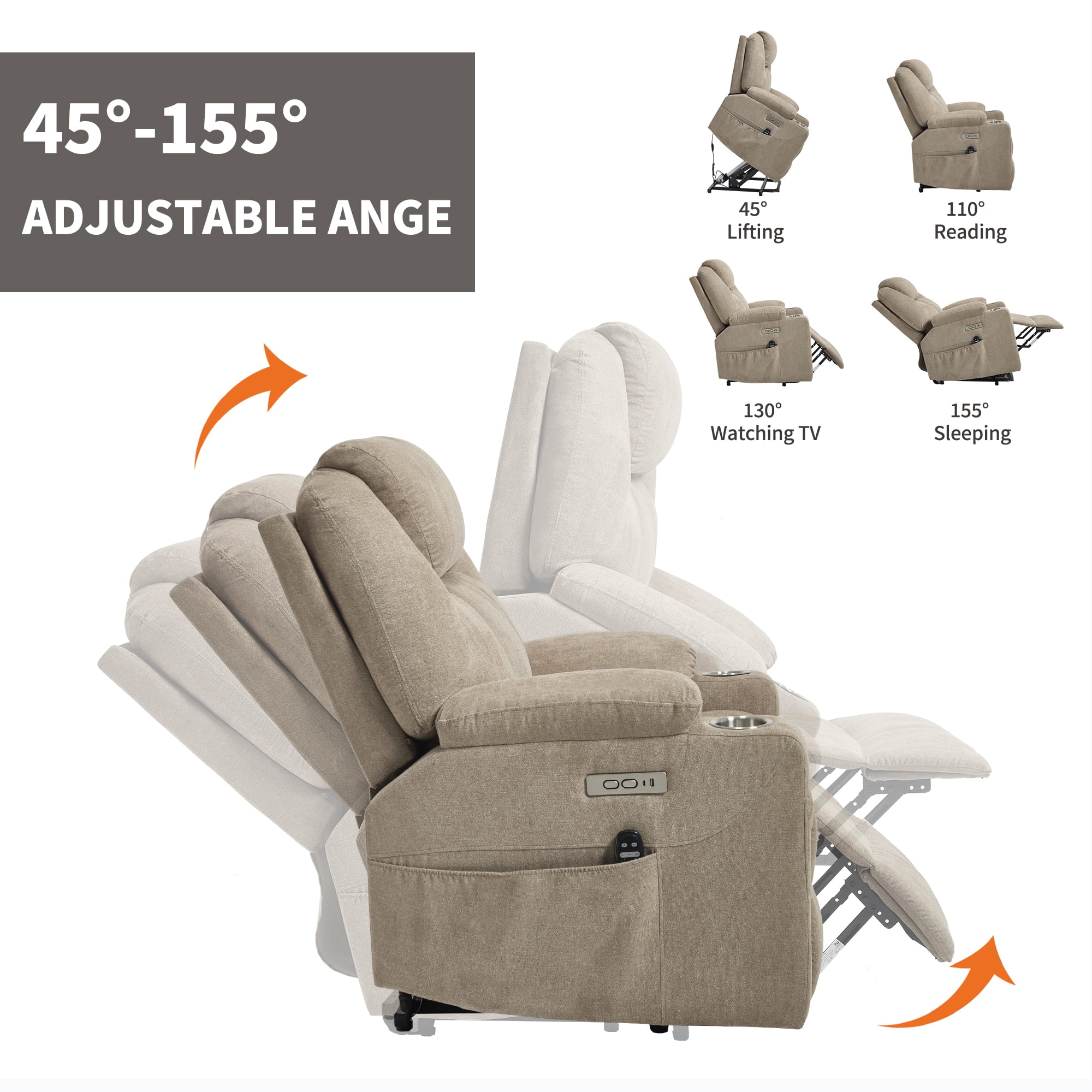Leumius Power Lift Recliner Chair,Heavy Duty Recliners with 8-Point Vibration Massage and Lumbar Heating,Oversized Single Sofa with Cup Holder,USB and Type-C Ports,Khaki