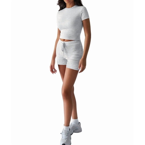 Women'S Two Piece Sets Summer Slim Fitted Short Sleeve Tops Foldover Shorts Matching Lounge Sets Gray XL