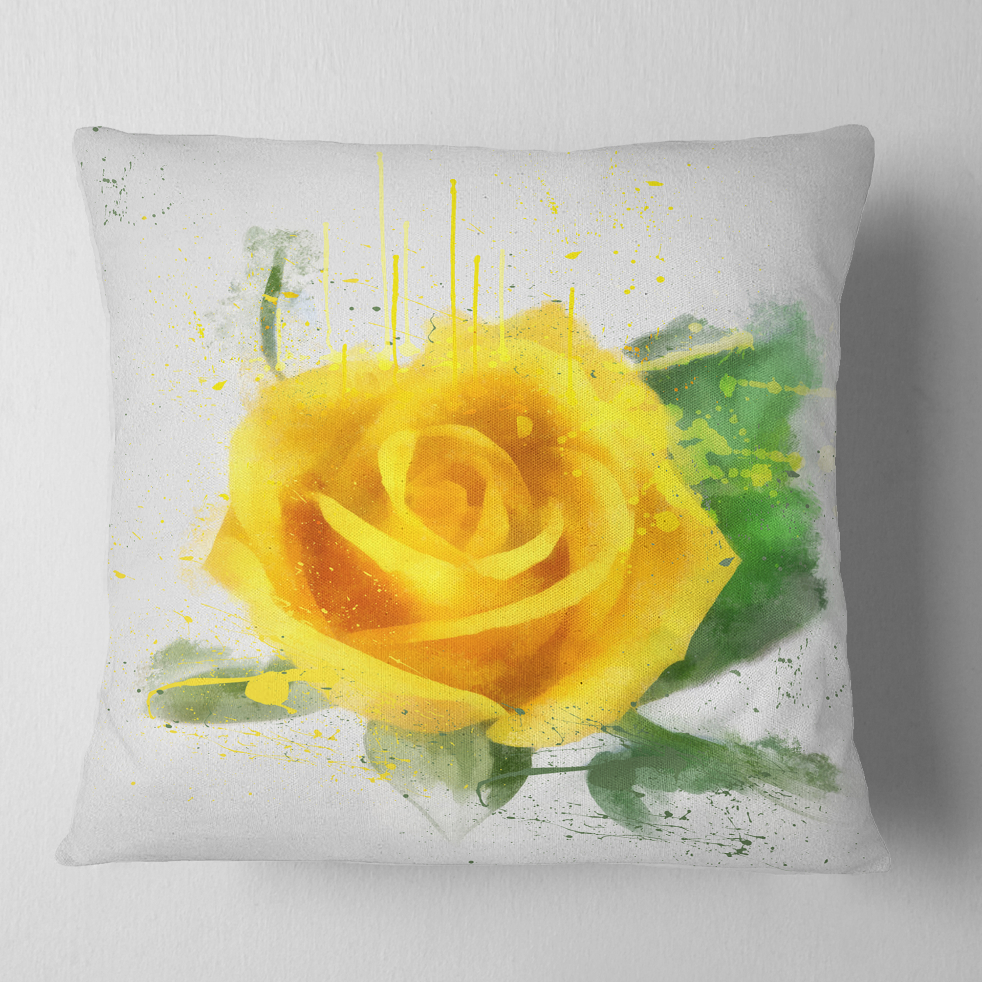 Designart Yellow Rose with Green Leaves Sketch - Floral Throw Pillow - 18x18