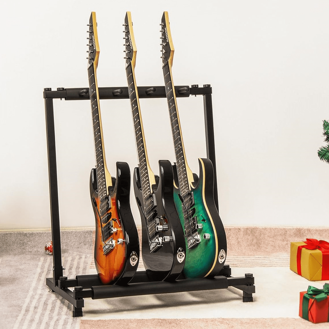 Tcbosik Guitar Stand Rack with Folding Design for 3 Guitars, Portable Display Holder for Guitar & Bass, Studio & Home, Black