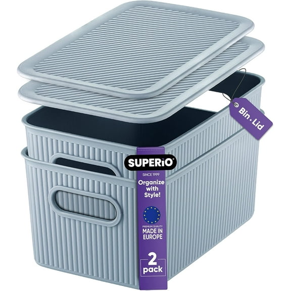 Superio 5L Small Stone Blue Ribbed Storage Bin with Lid, Plastic Storage Basket (2 Pack)