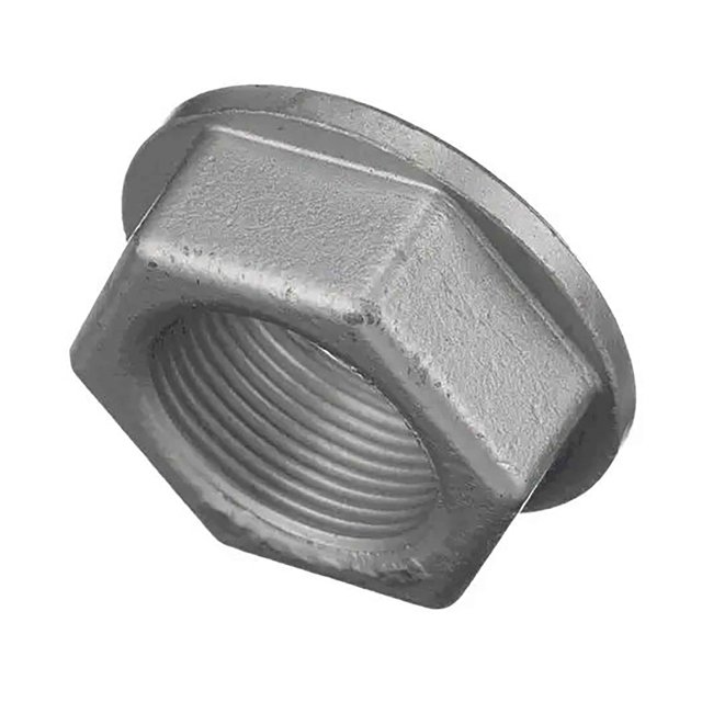 tuerca hexagonal para lavadora samsung 6021-001573 nueva, vista 3/4 frontal; tuerca hexagonal Samsung con brida y rosca interior visibles, seis caras planas y acabado metálico texturizado, cierre mecánico para fijar pernos en lavadoras Samsung; también usada frecuentemente en reparaciones domésticas.