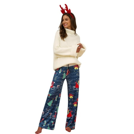 

Kiapeise Women´s Comfy Casual Pajama Pants Christmas Printed Drawstring Palazzo Lounge Pants Wide Leg