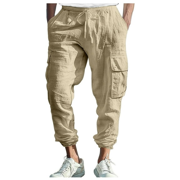 Kureaily Mens Cotton Yoga Pants Elastic Waist Trousers Casual Summer Beach Cargo Pants