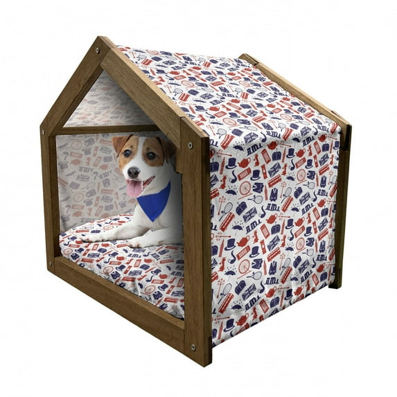 London Pet House, United Kingdom Country Themed Pattern in National Flag Colors, Outdoor & Indoor Portable Dog Kennel with Pillow and Cover, 5 Sizes, Royal Blue Red White, by Ambesonne