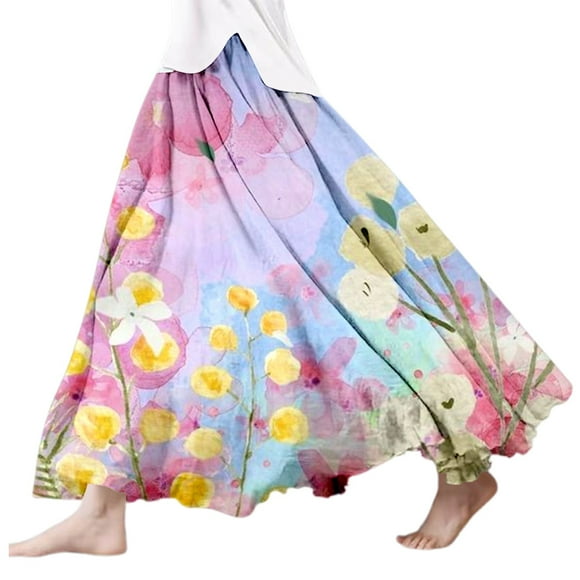 LUOGENLI Skirt Women's Summer Printed Linen Wrap Skirt Elastic Waist A Line Boho Beach Skirt Flowy Long Maxi Skirt for Vacation Maxi Skirt with Pockets Light Purple L