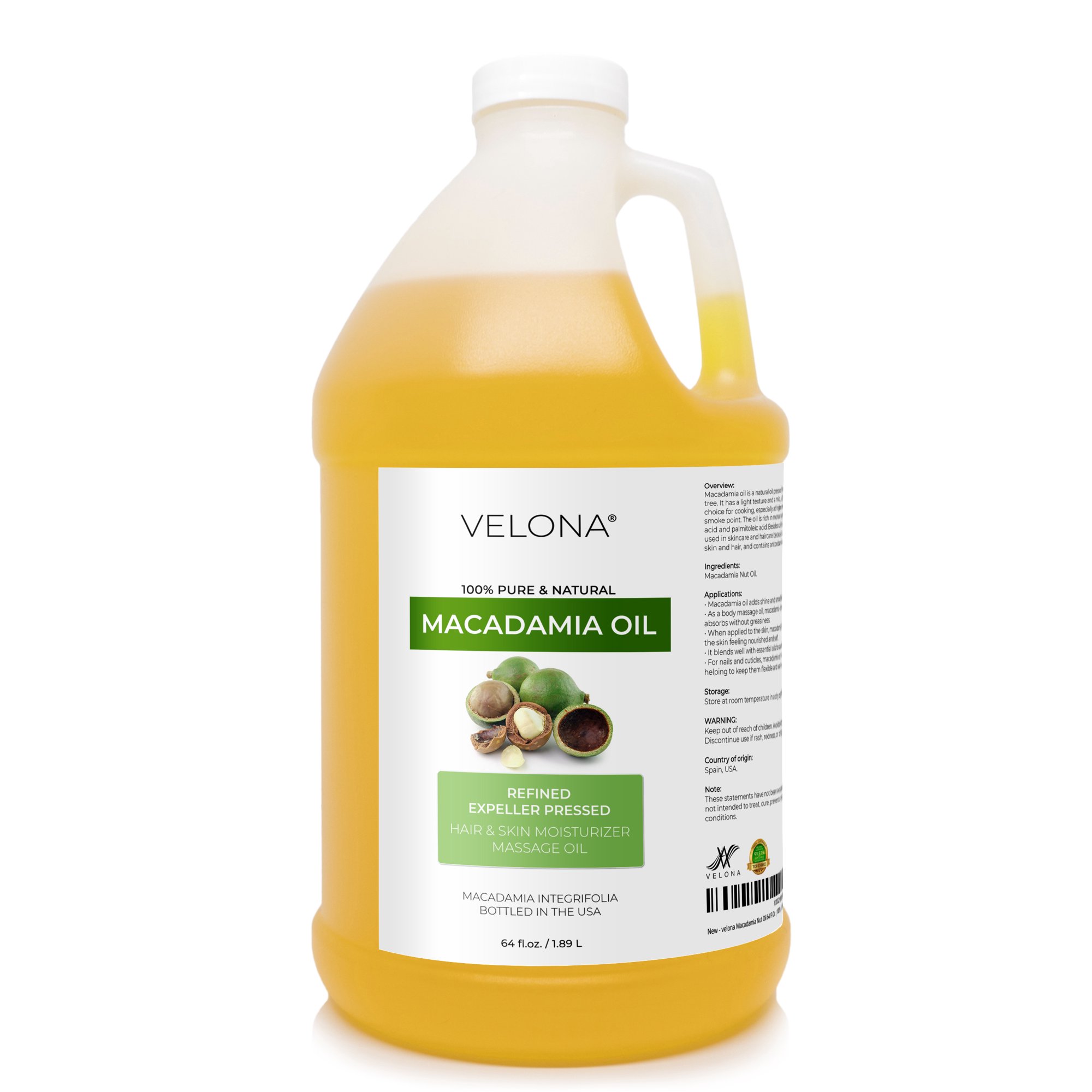 velona Macadamia Nut Oil - 64 fl oz, Expeller Pressed, Refined